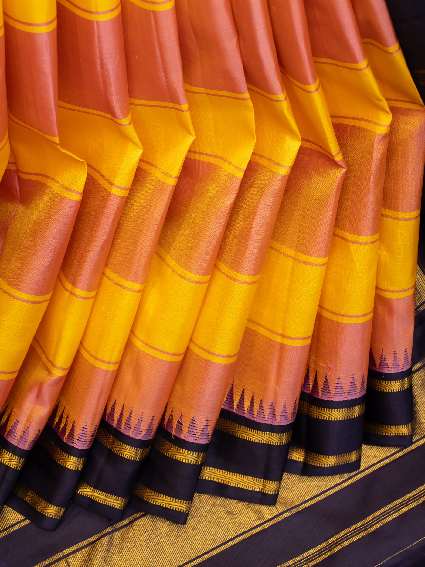 Yellow and peach stripes pure Kanchipuram silk saree