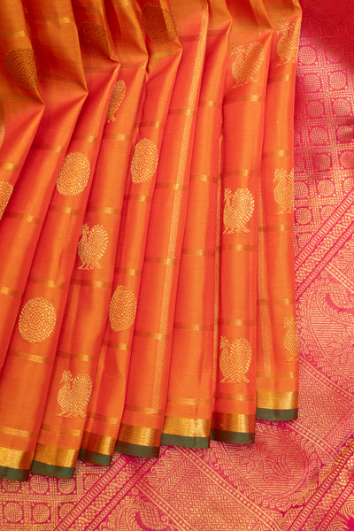 Orange Pure Zari Checks Kanchipuram Silk Saree - Clio Silks