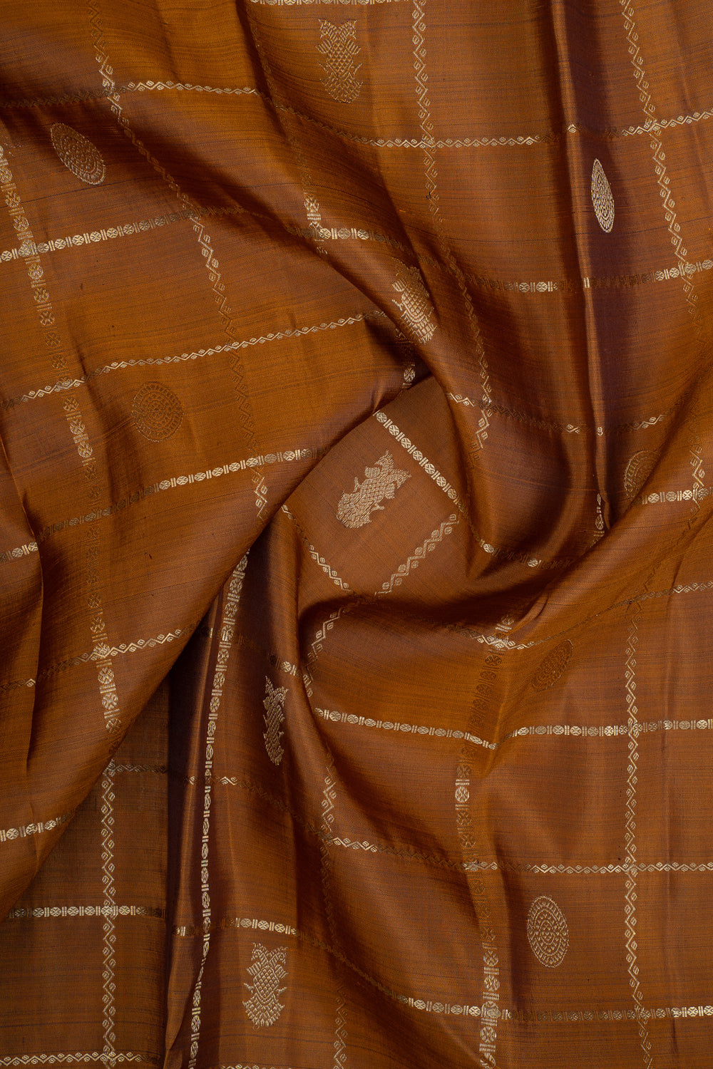 Rust Orange and Purple Zari Checks Pure Kanchipuram Silk Saree