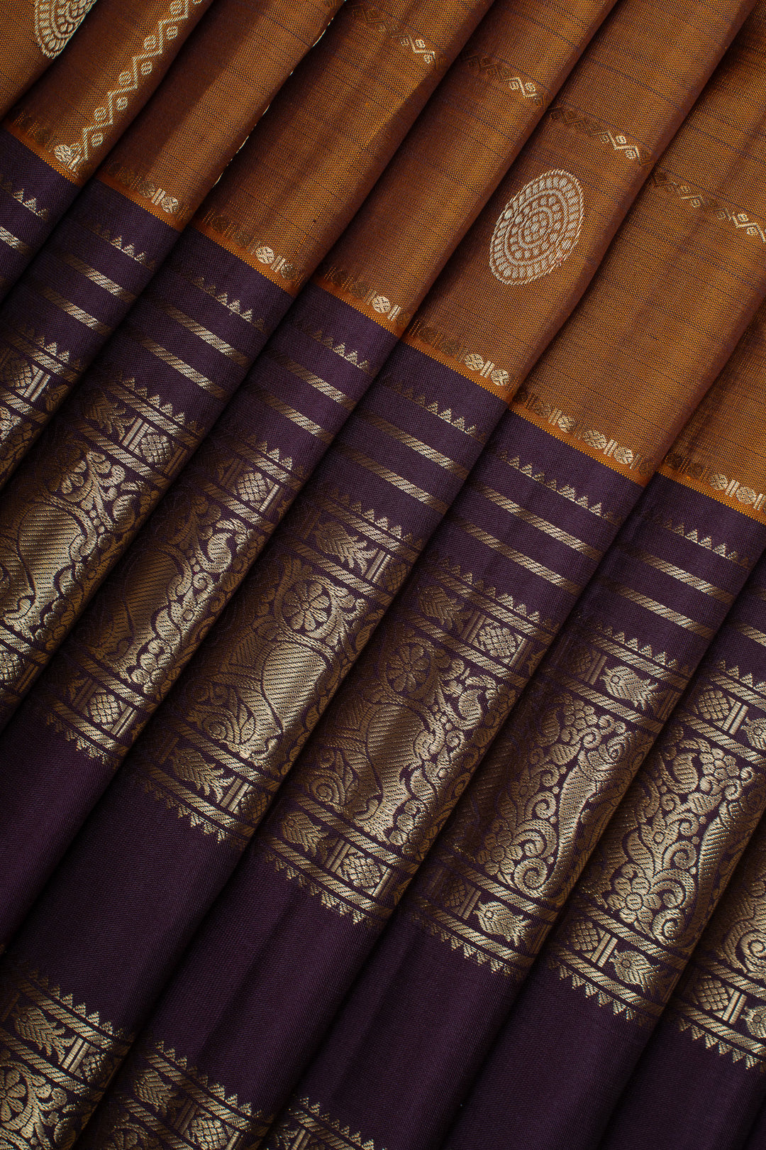 Rust Orange and Purple Zari Checks Pure Kanchipuram Silk Saree