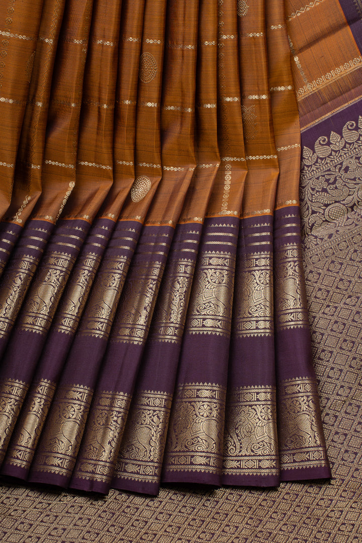 Rust Orange and Purple Zari Checks Pure Kanchipuram Silk Saree