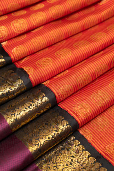Rust Orange and Black Pure Zari Kanchipuram Silk Saree - Clio Silks