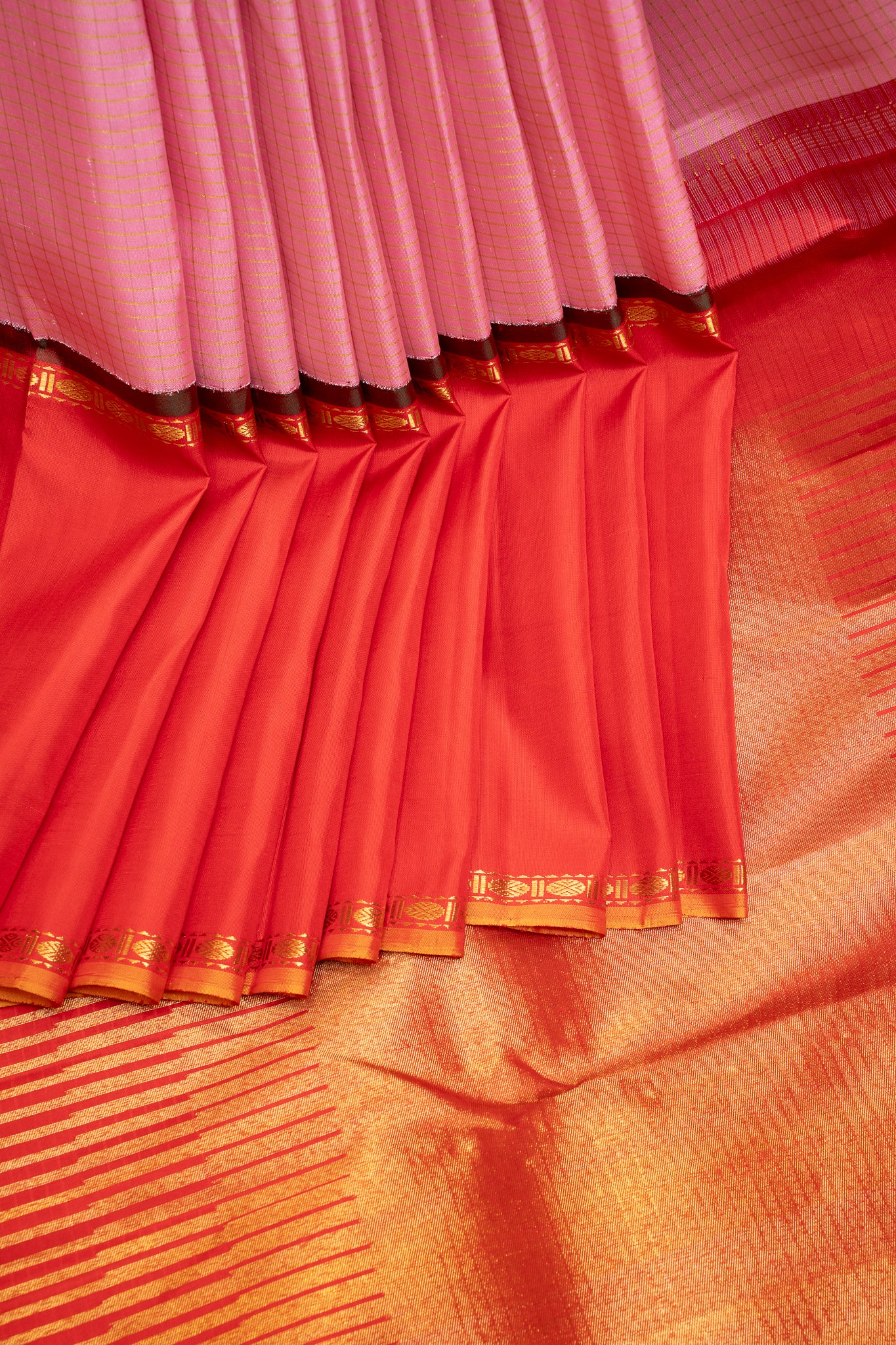 Lotus Pink and Red Pure Zari Kanchipuram Silk Saree - Clio Silks