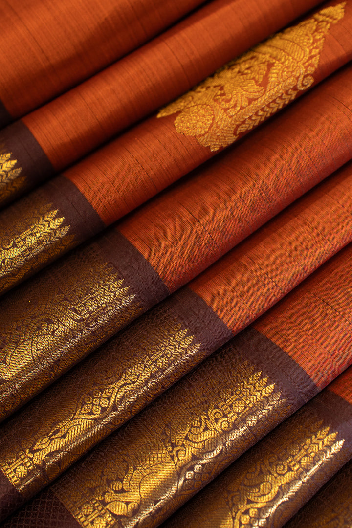 Rust orange and brown traditional pure Kanchipuram silk saree