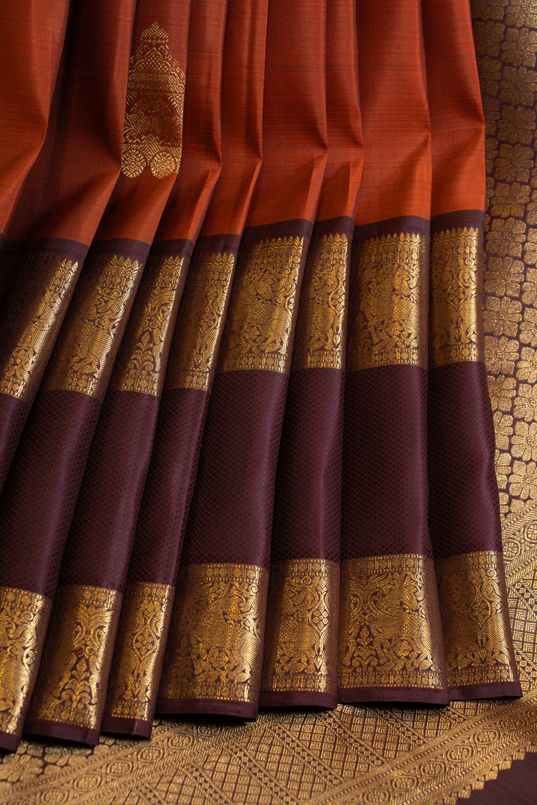 Rust orange and brown traditional pure Kanchipuram silk saree