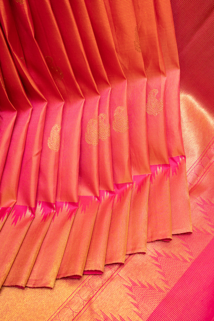 Peach Pink Vairaoosi Checks Pure Kanchipuram Silk Saree - Clio Silks