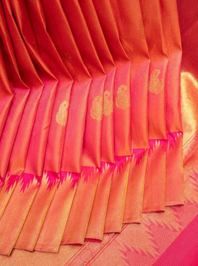 Peach Pink Vairaoosi Checks Pure Kanchipuram Silk Saree - Clio Silks
