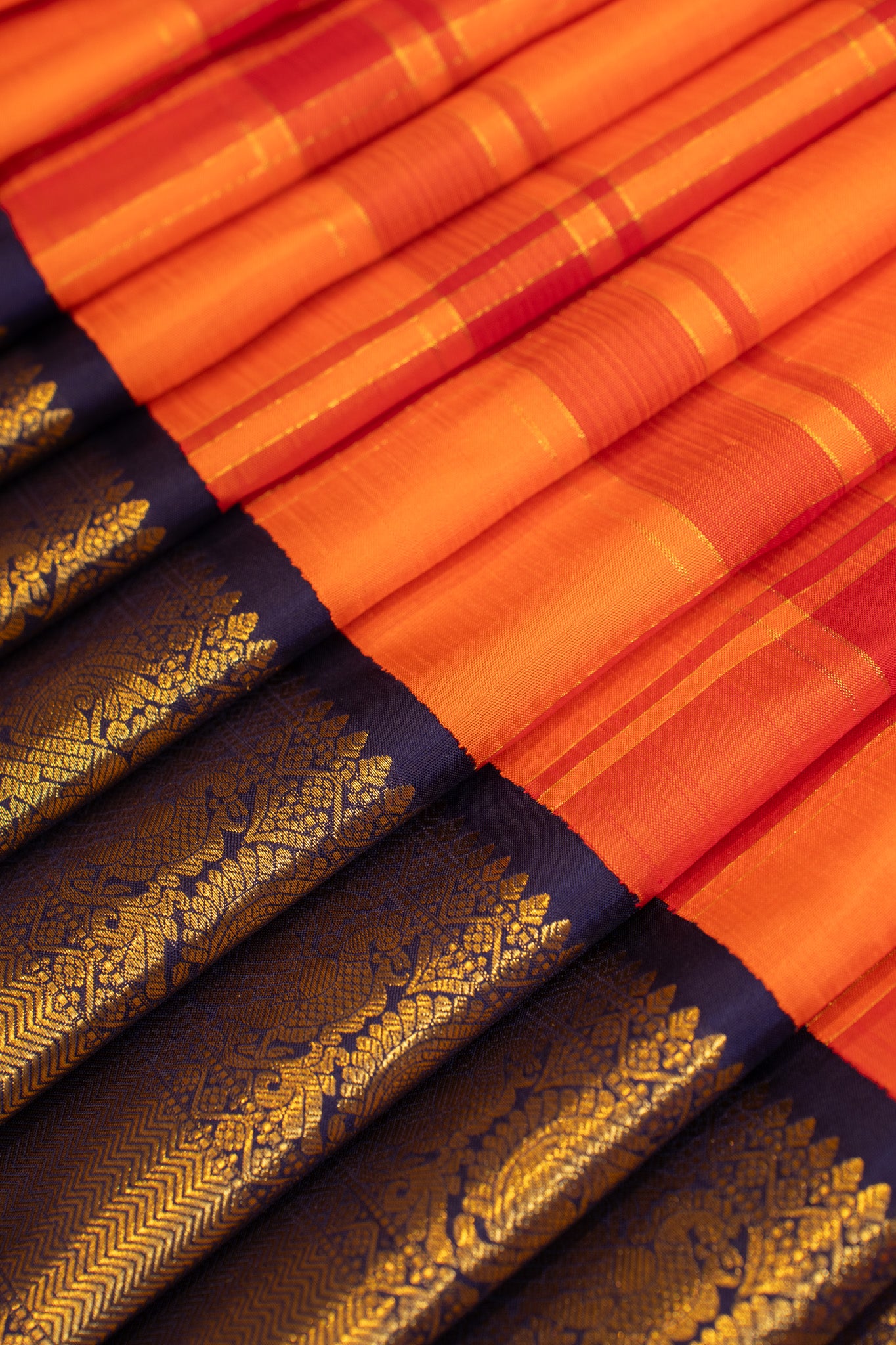 Orange multi zari checks pure Kanchipuram silk saree