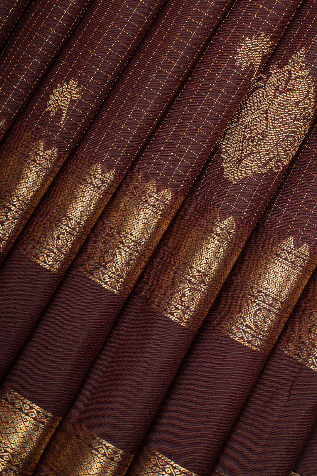 Brown Zari Checks Rettai Pettu Pure Kanchipuram Silk Saree