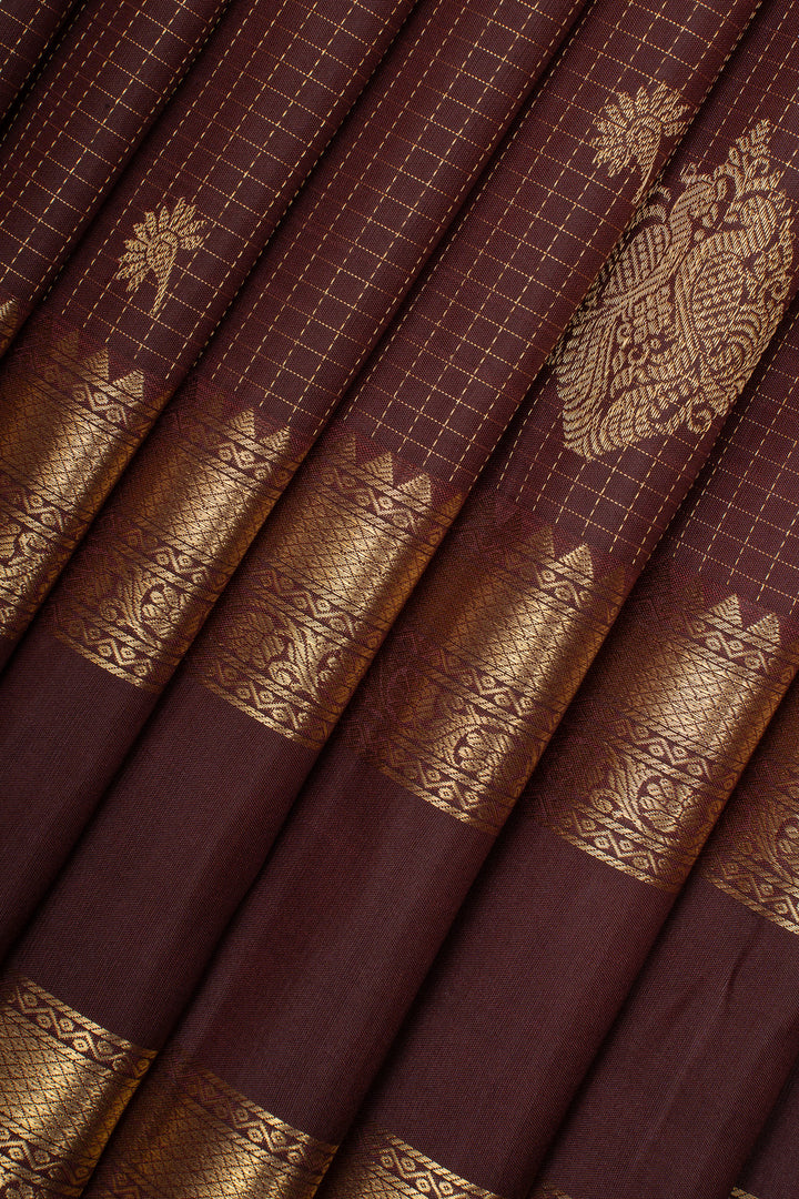 Brown Zari Checks Rettai Pettu Pure Kanchipuram Silk Saree