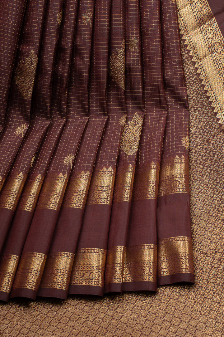 Brown Zari Checks Rettai Pettu Pure Kanchipuram Silk Saree