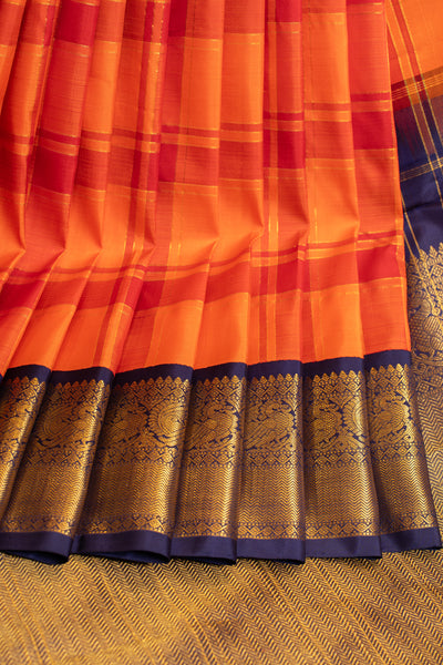 Orange multi zari checks pure Kanchipuram silk saree