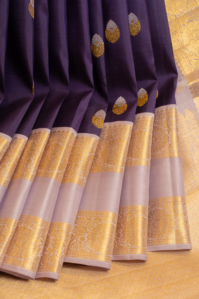 Aubergine purple and lilac rettai pettu pure Kanchipuram silk saree