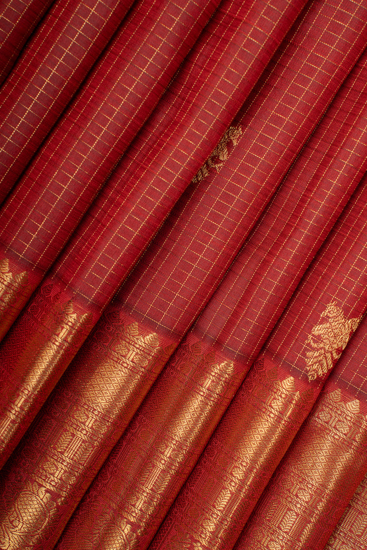 Maroon zari checks pure kanchipuram silk saree
