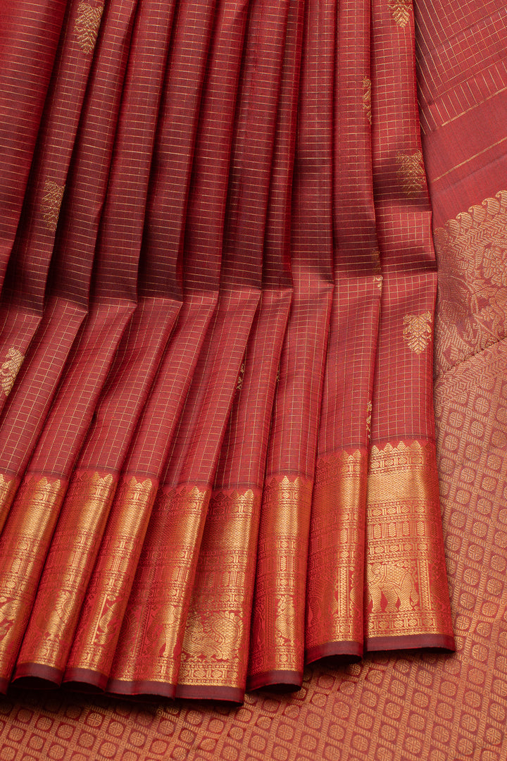 Maroon zari checks pure kanchipuram silk saree