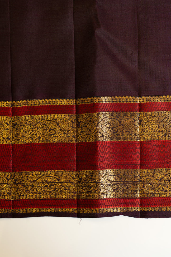 Rust brown Varisaipettu pure Kanchipuram silk saree