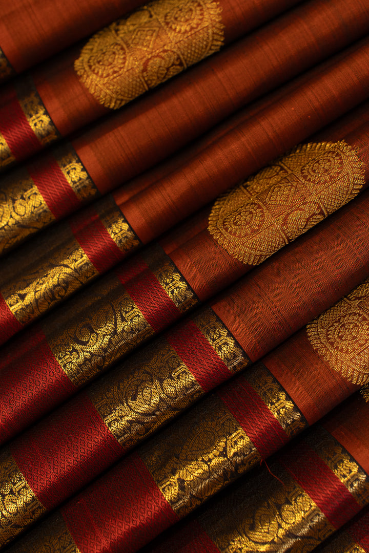 Rust brown Varisaipettu pure Kanchipuram silk saree