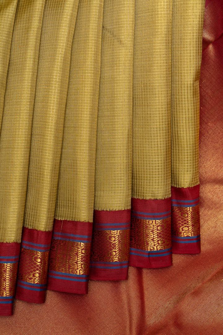 Golden Green Pure Zari Checks Kanchipuram Silk Saree - Clio Silks