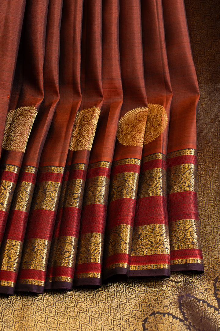 Rust brown Varisaipettu pure Kanchipuram silk saree