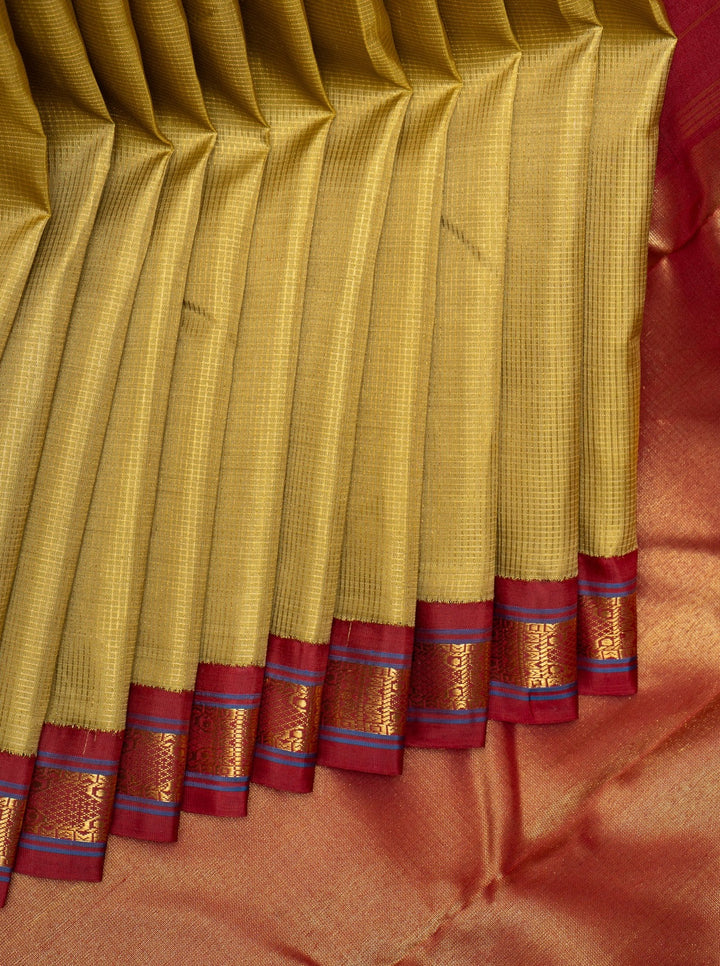Golden Green Pure Zari Checks Kanchipuram Silk Saree - Clio Silks