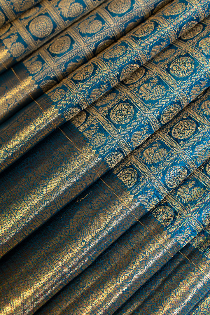 Peacock blue annam chakram pure Kanchipuram silk saree
