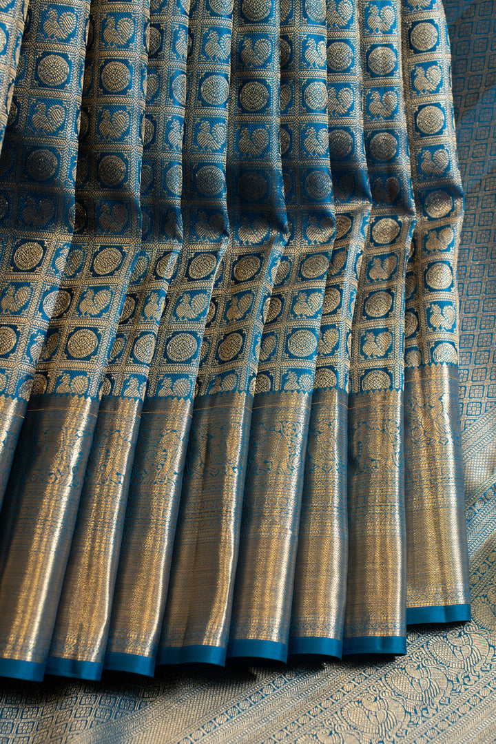 Peacock blue annam chakram pure Kanchipuram silk saree