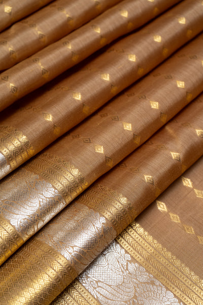 Fawn Gold Zari Stripes Pure Kanchipuram Silk Saree - Clio Silks