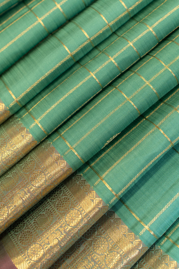 Teal blue zari checks pure Kanchipuram silk saree