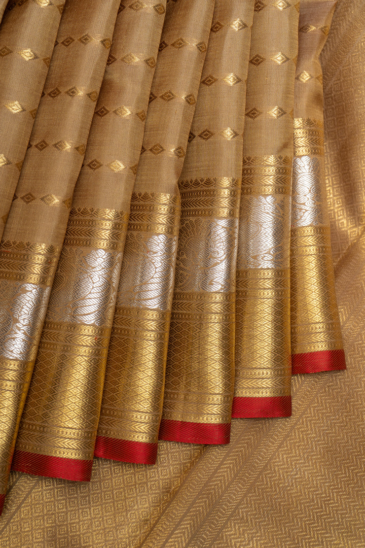 Fawn Gold Zari Stripes Pure Kanchipuram Silk Saree - Clio Silks