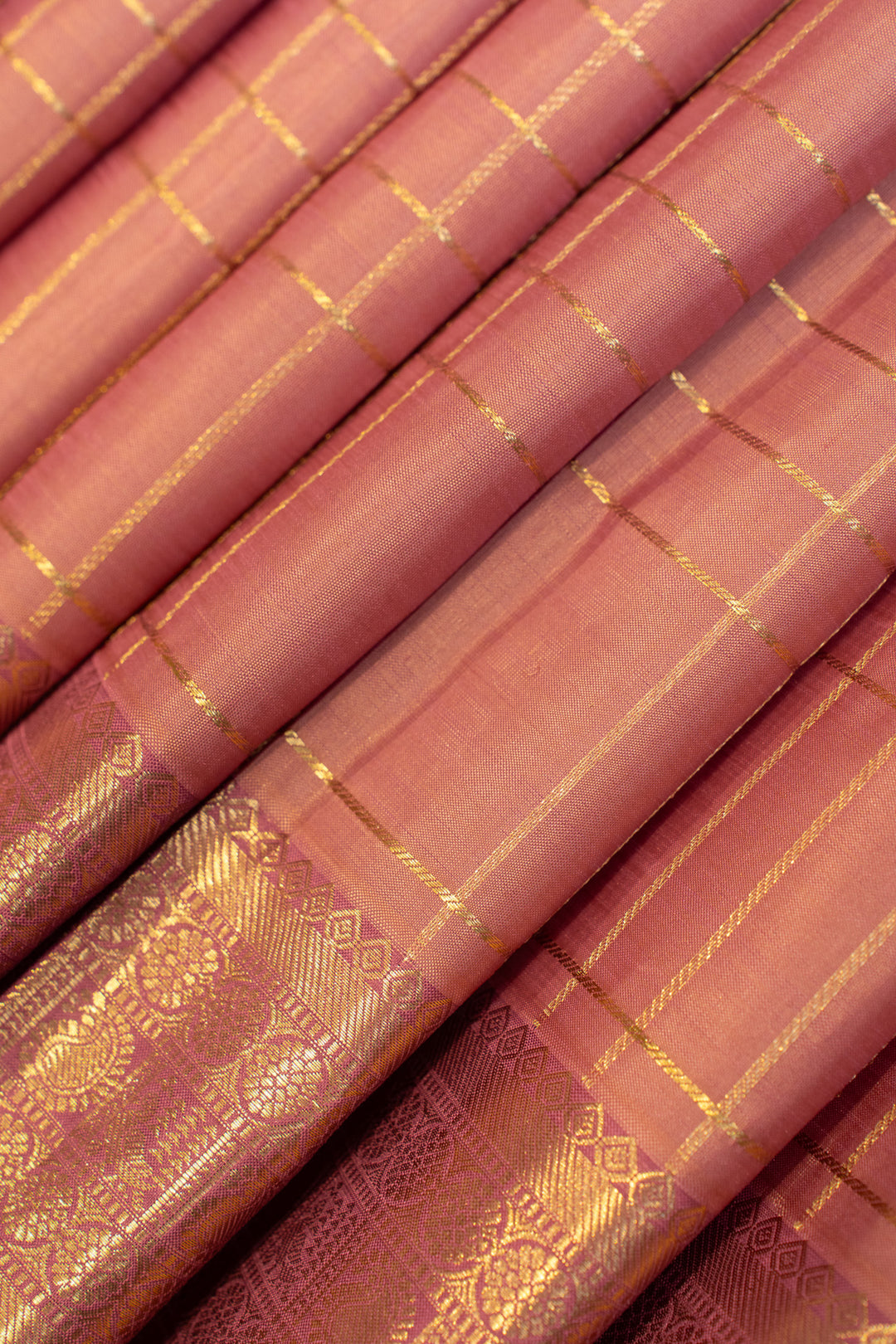 Dusty pink zari checks pure Kanchipuram silk saree