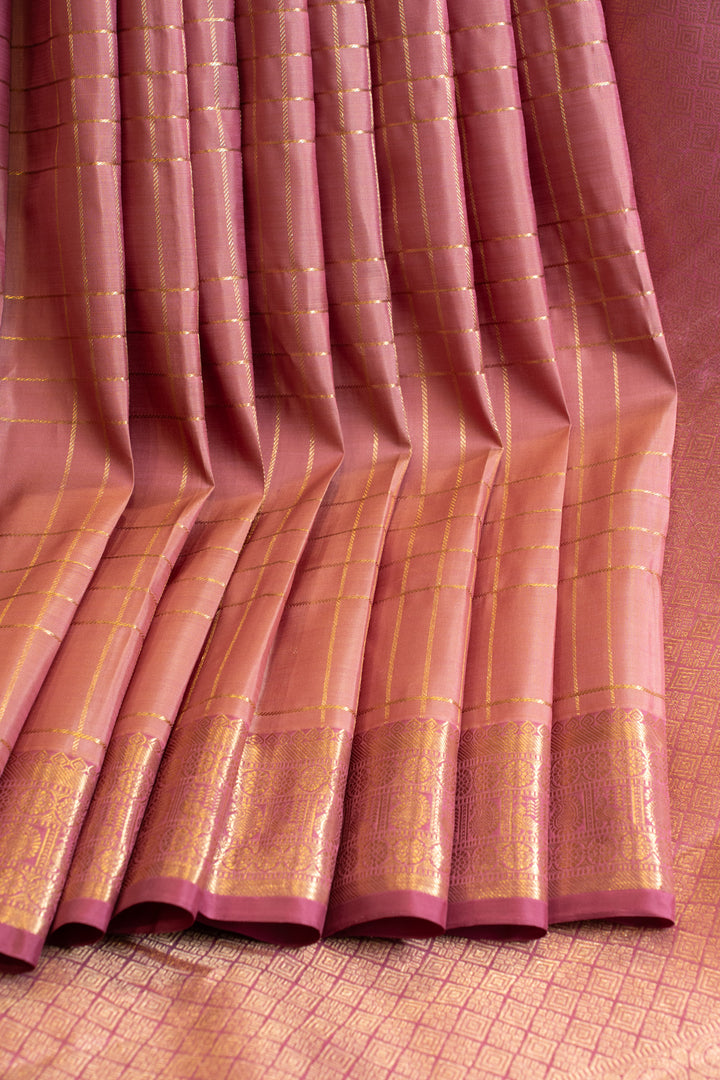 Dusty pink zari checks pure Kanchipuram silk saree