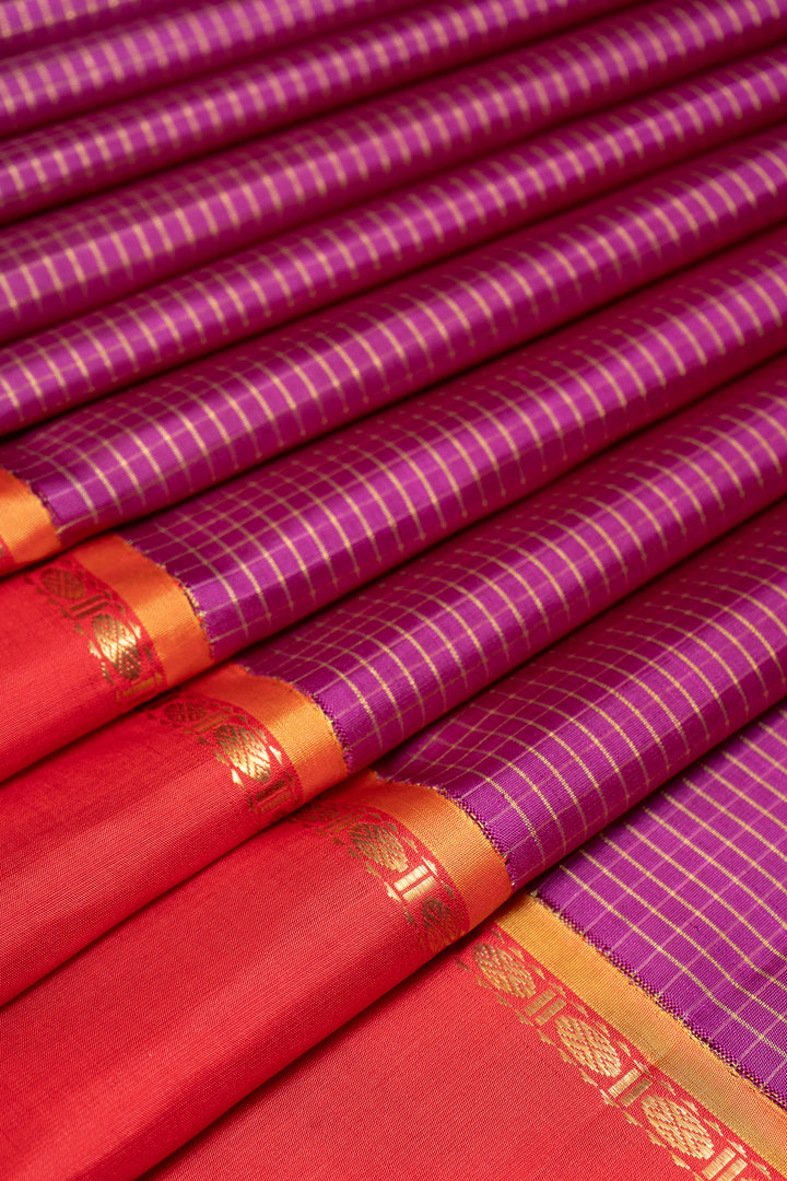 Plum Purple and Red Pure Zari Kanchipuram Silk Saree - Clio Silks