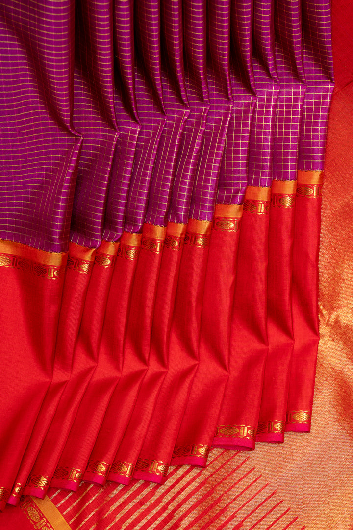 Plum Purple and Red Pure Zari Kanchipuram Silk Saree - Clio Silks
