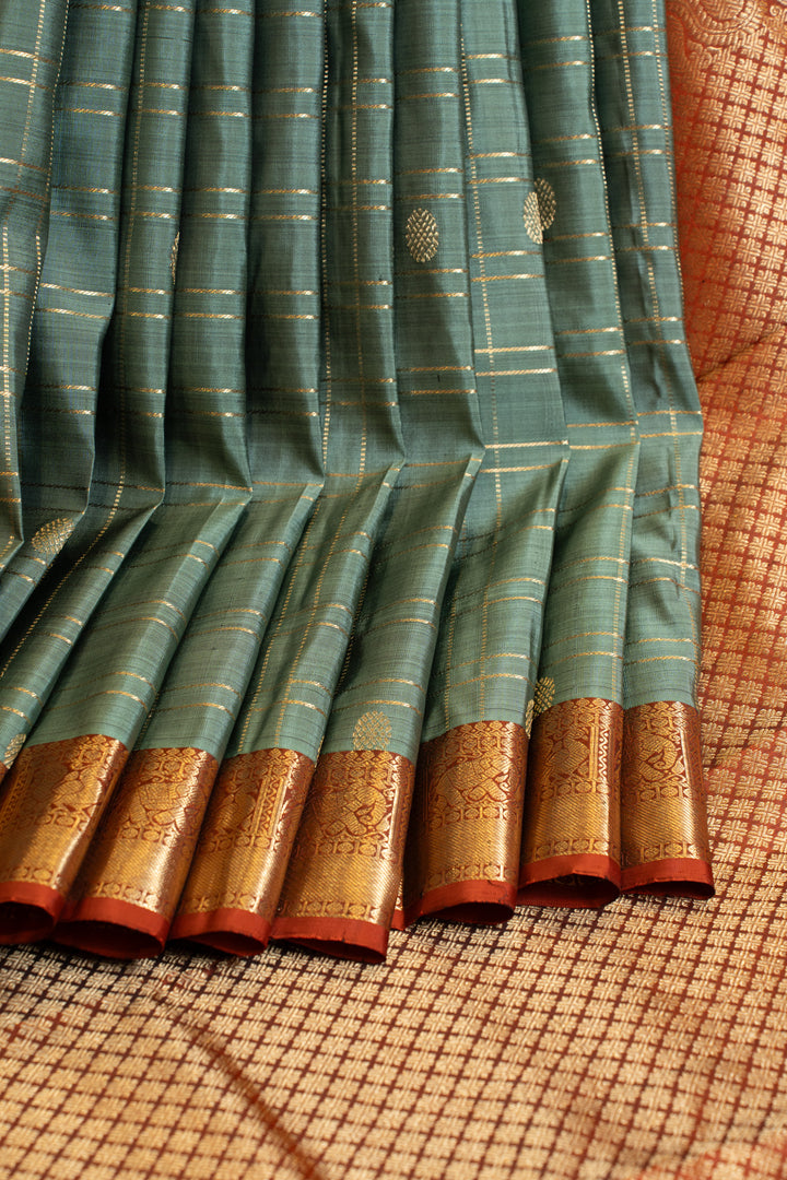 Teal blue zari checks traditional pure kanjivaram silk saree