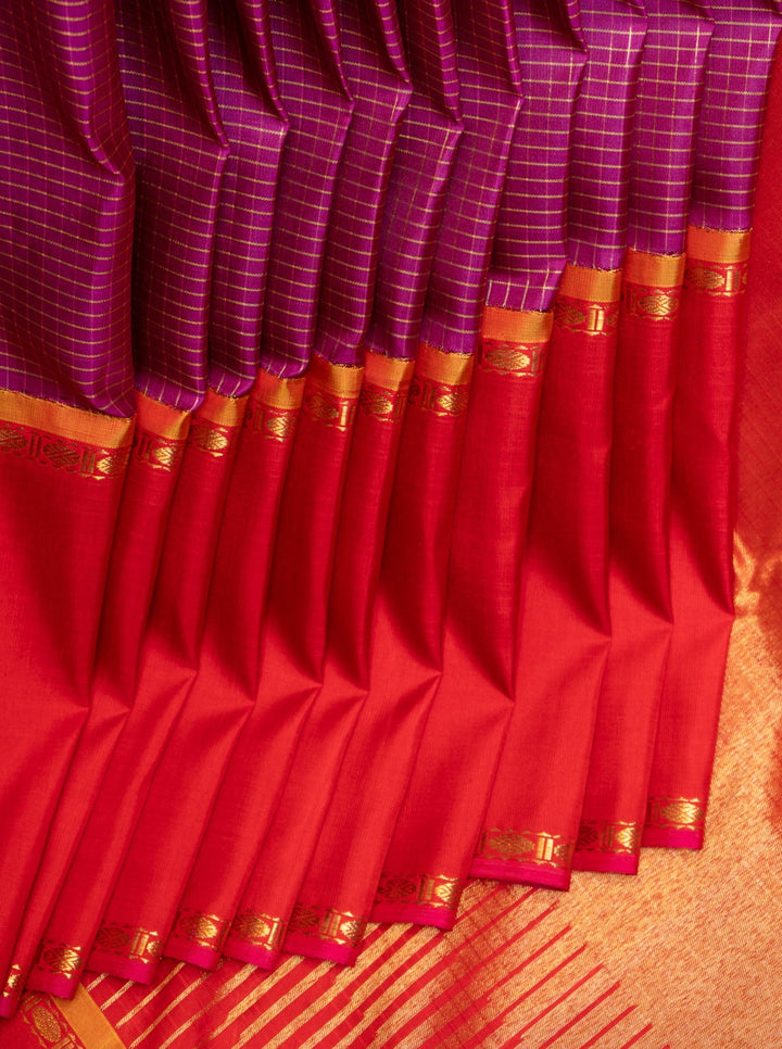 Plum Purple and Red Pure Zari Kanchipuram Silk Saree - Clio Silks
