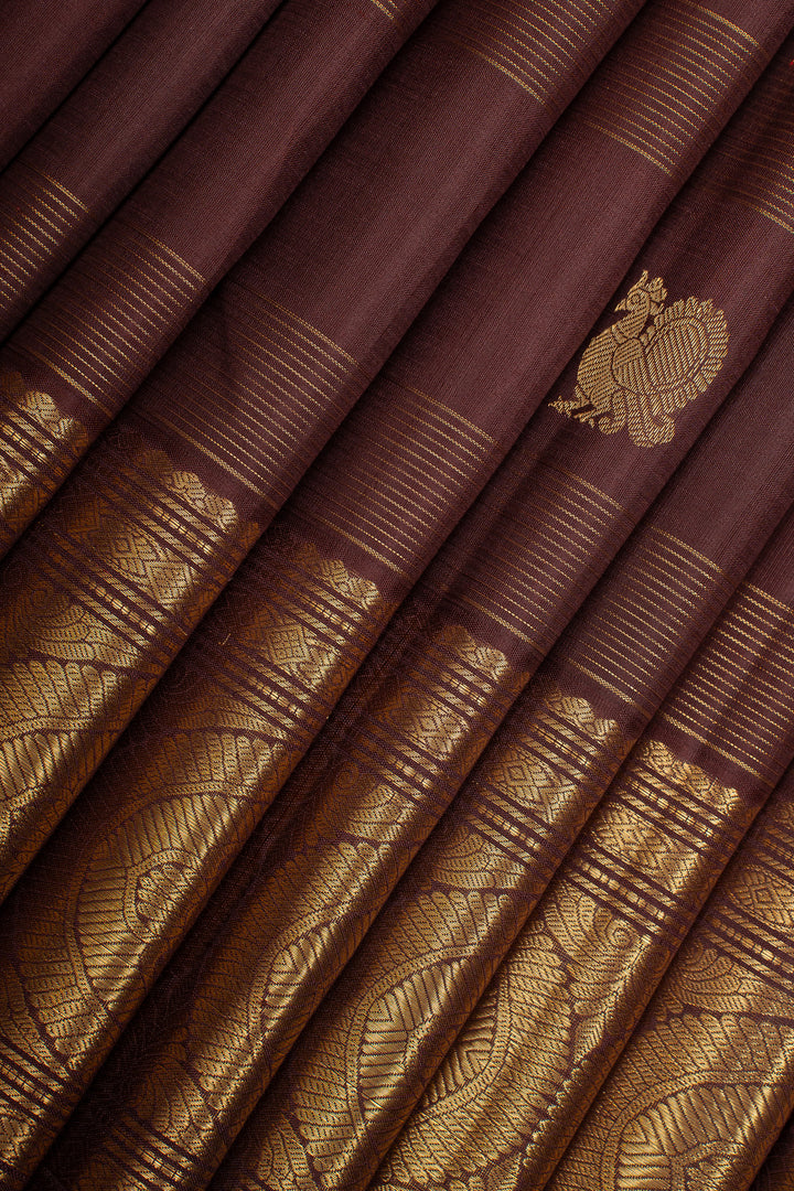 Brown Stripes Pure Kanchipuram Silk Saree
