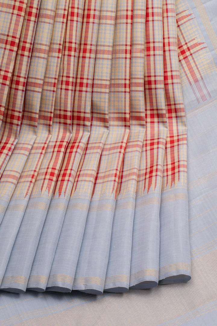 Red and powder blue multi checks pure kanchipuram silk saree