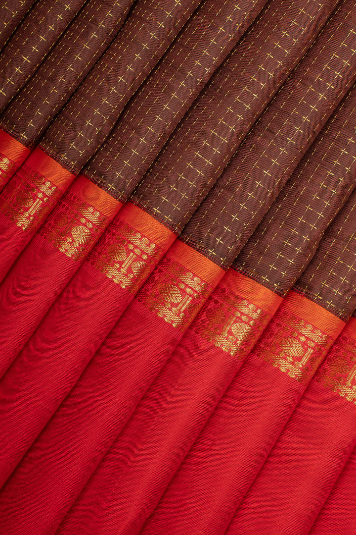 Brown Checks Pure Kanchipuram Silk Saree