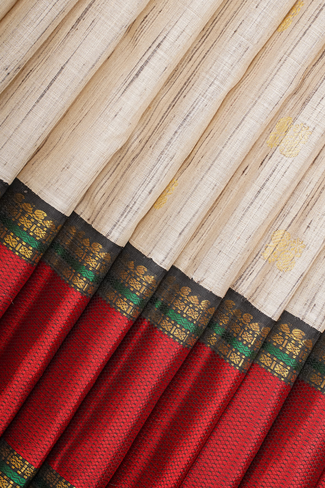 Beige and Red Dupian Pure Kanchipuram Silk Saree