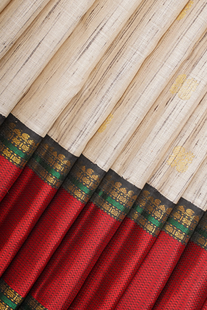 Beige and Red Dupian Pure Kanchipuram Silk Saree