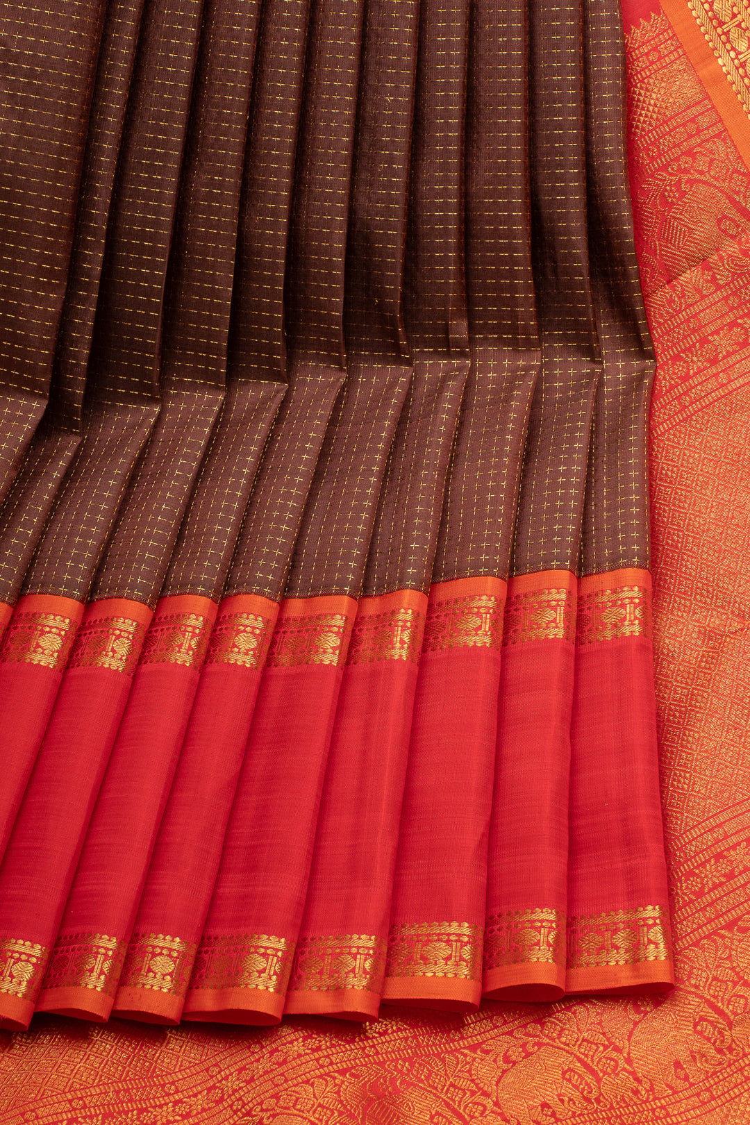 Brown Checks Pure Kanchipuram Silk Saree