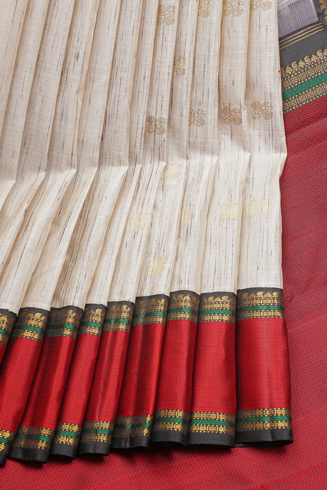 Beige and Red Dupian Pure Kanchipuram Silk Saree
