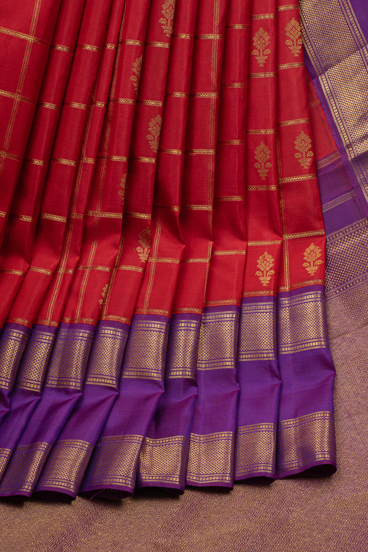 Lakshmi Red and purple Jamdani checks Checks Pure Kanchipuram Silk Saree