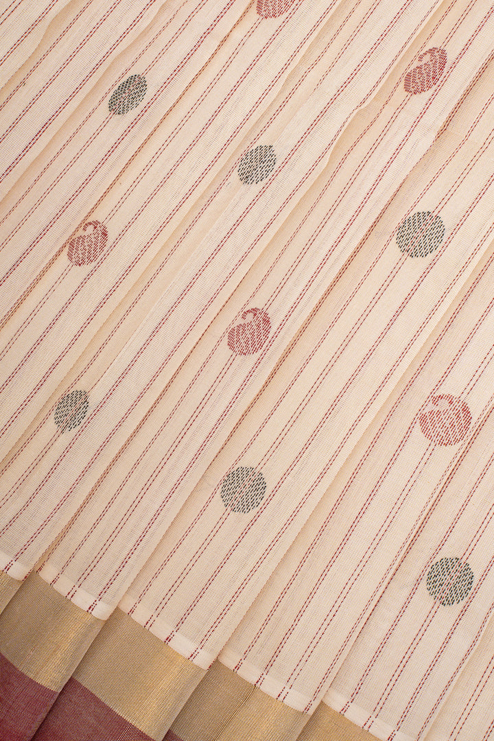 Ivory Thread Stripes Paisley Pure Silk Cotton Saree