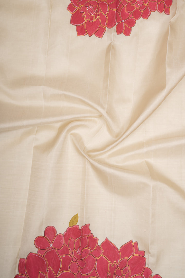 Ivory Handpainted Pure Designer Kanchipuram Silk Saree