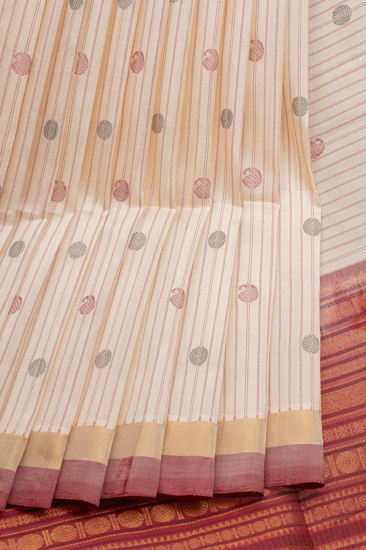 Ivory Thread Stripes Paisley Pure Silk Cotton Saree