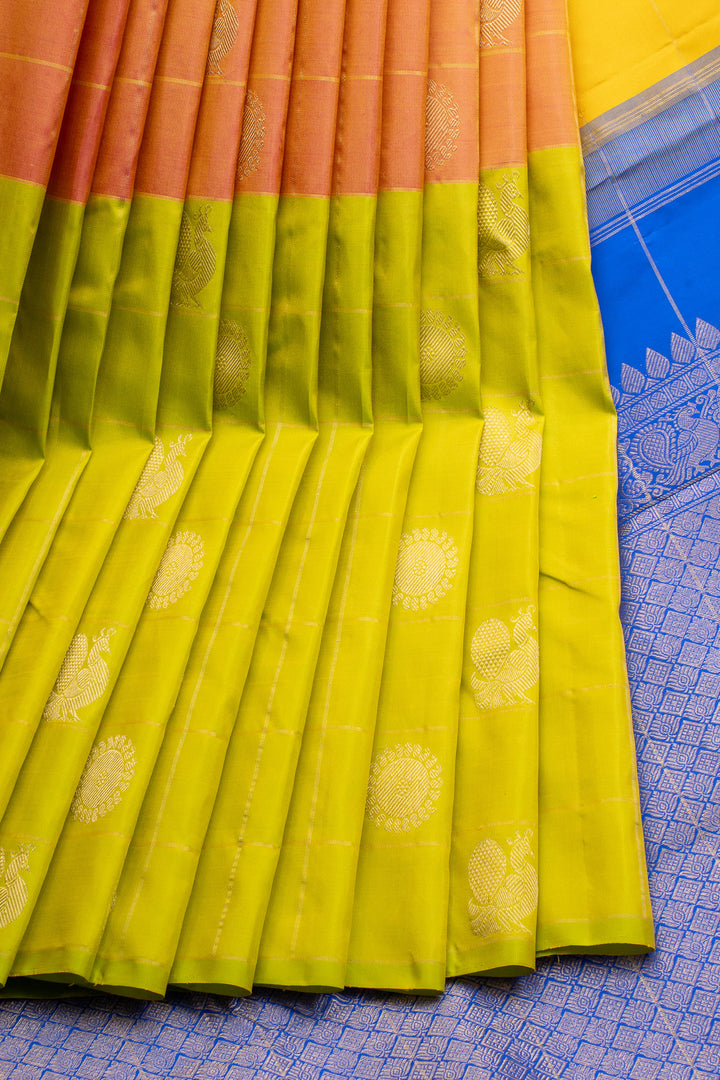 Lime Green, Orange and Yellow Mupagam Pure Kanchipuram Silk Saree