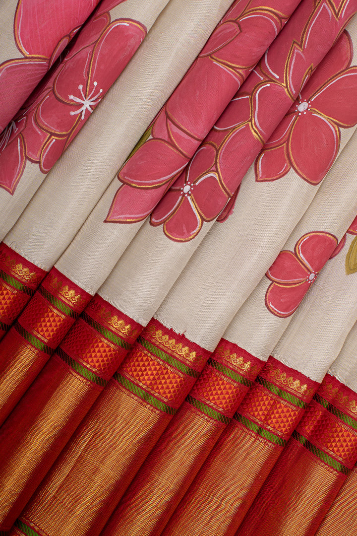 Ivory Handpainted Pure Designer Kanchipuram Silk Saree