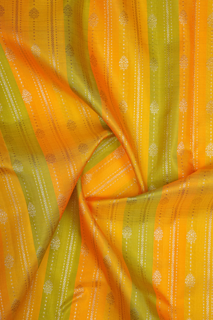 Yellow Green Multi Zari Stripes Borderless Pure Kanchipuram Silk Saree