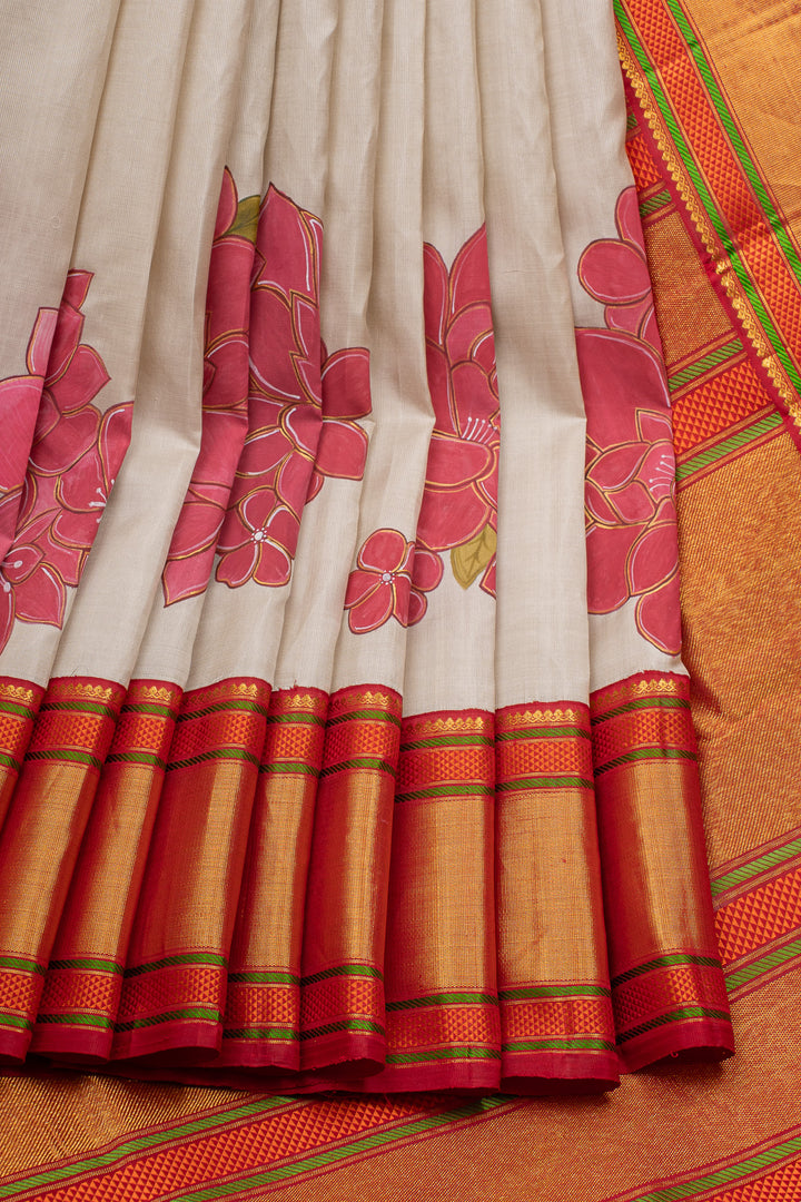 Ivory Handpainted Pure Designer Kanchipuram Silk Saree